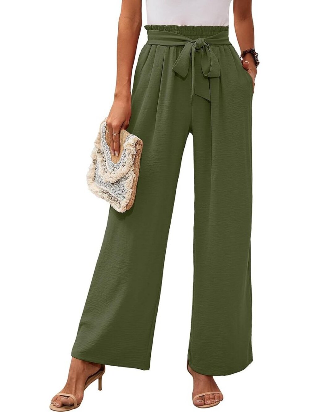 Women's Olive Wide Leg Pant High Waisted Tie Knot Loose Comfy Casual Trouser